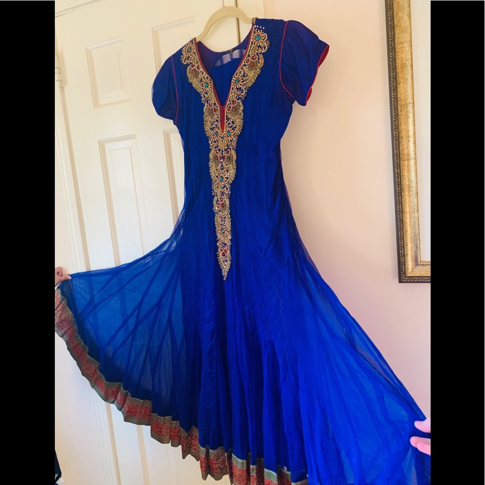 Blue dress tan gold hand work on it